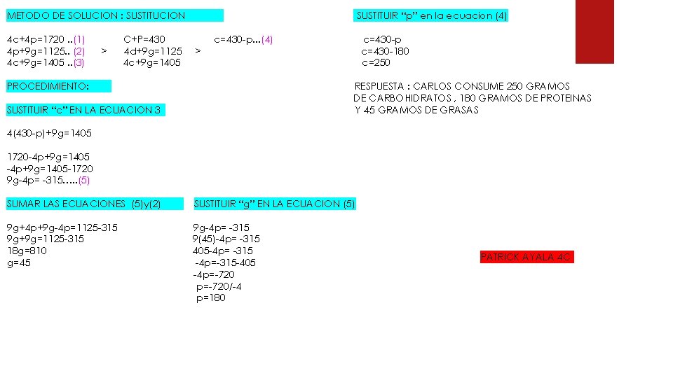 METODO DE SOLUCION : SUSTITUCION 4 c+4 p=1720. . (1) 4 p+9 g=1125. .