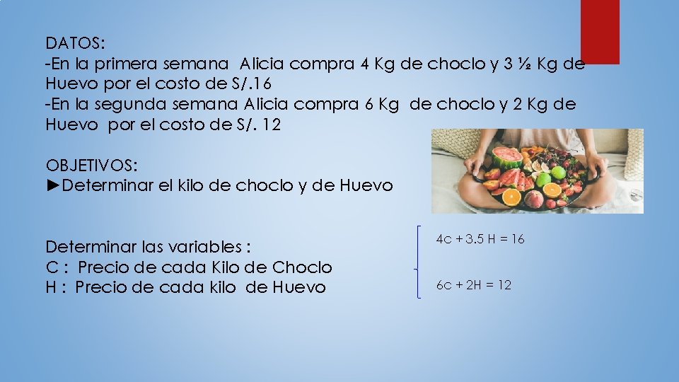 DATOS: -En la primera semana Alicia compra 4 Kg de choclo y 3 ½