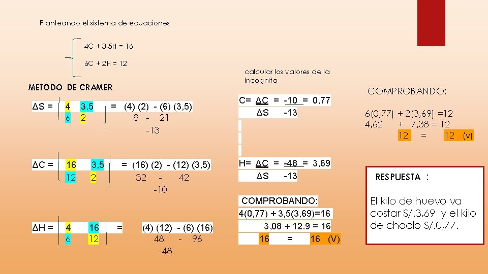 Planteando el sistema de ecuaciones 4 C + 3, 5 H = 16 6