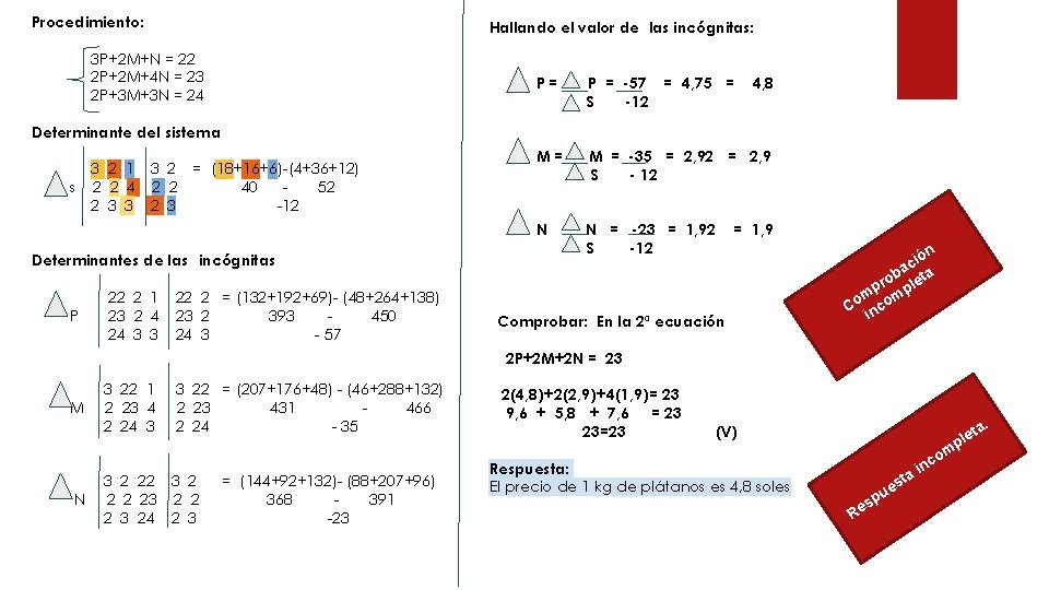 Procedimiento: Hallando el valor de las incógnitas: 3 P+2 M+N = 22 2 P+2