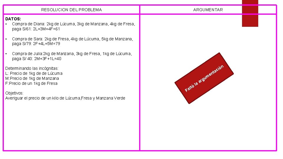 RESOLUCION DEL PROBLEMA ARGUMENTAR DATOS: • Compra de Diana: 2 kg de Lúcuma, 3