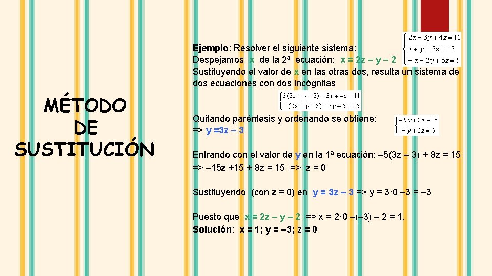 Ejemplo: Resolver el siguiente sistema: Despejamos x de la 2ª ecuación: x = 2