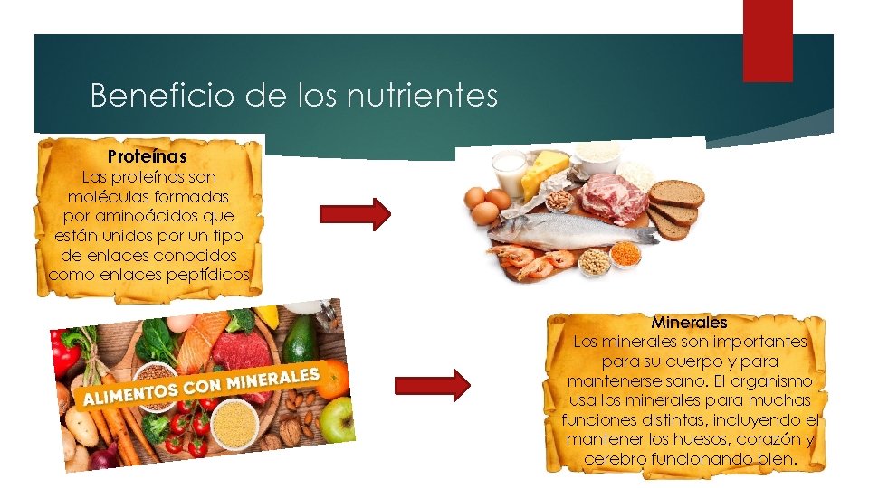 Beneficio de los nutrientes Proteínas Las proteínas son moléculas formadas por aminoácidos que están