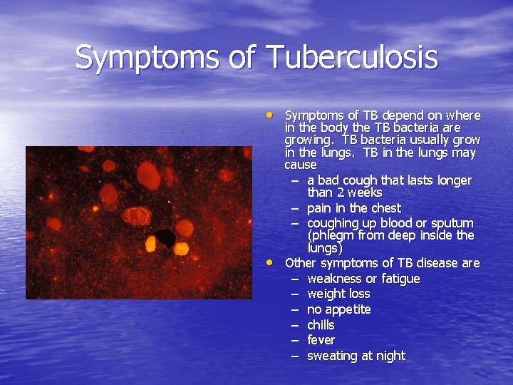 Symptoms of Tuberculosis • Symptoms of TB depend on where • in the body