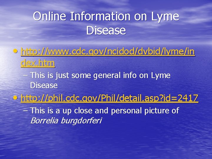 Online Information on Lyme Disease • http: //www. cdc. gov/ncidod/dvbid/lyme/in dex. htm – This