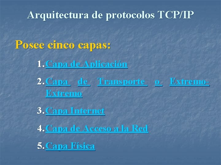 Arquitectura de protocolos TCP/IP Posee cinco capas: 1. Capa de Aplicación 2. Capa de