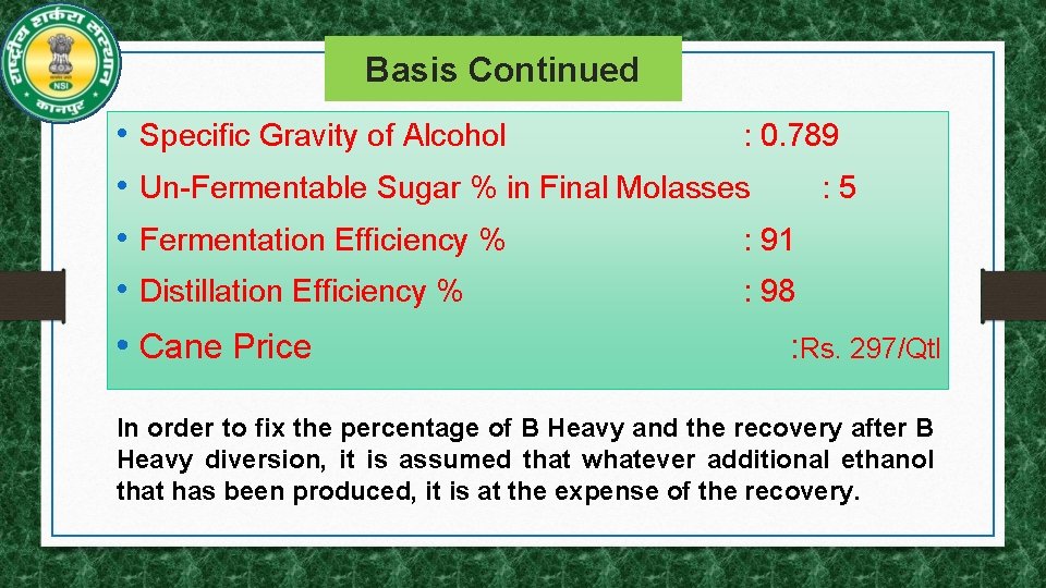 Basis Continued • • Specific Gravity of Alcohol : 0. 789 Un-Fermentable Sugar %
