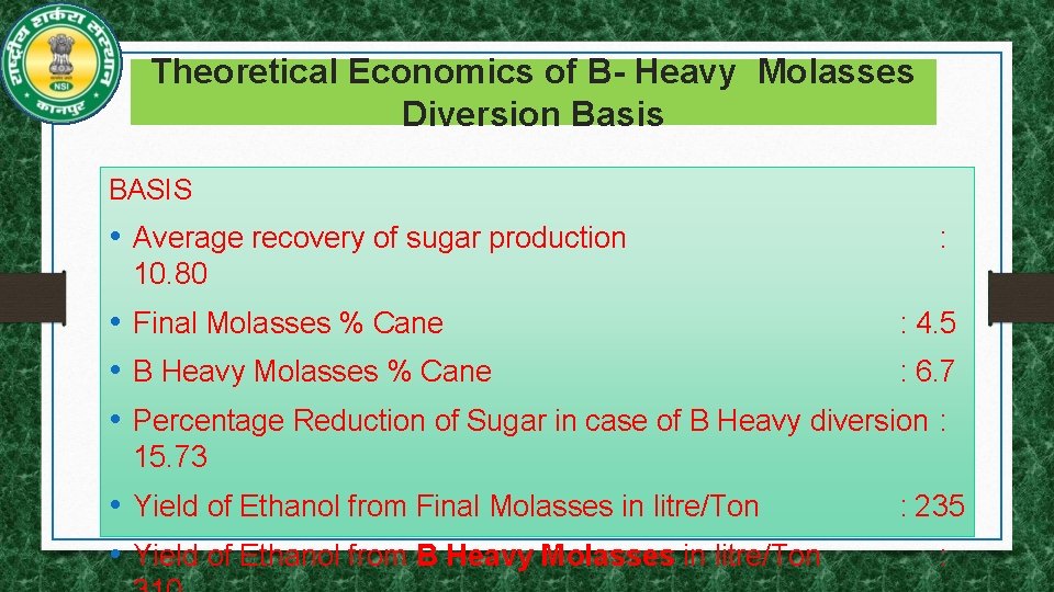 Theoretical Economics of B- Heavy Molasses Diversion Basis BASIS • Average recovery of sugar