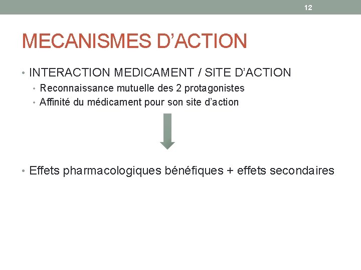 12 MECANISMES D’ACTION • INTERACTION MEDICAMENT / SITE D’ACTION • Reconnaissance mutuelle des 2