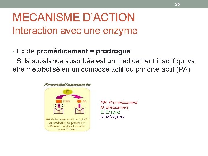 25 MECANISME D’ACTION Interaction avec une enzyme • Ex de promédicament = prodrogue Si