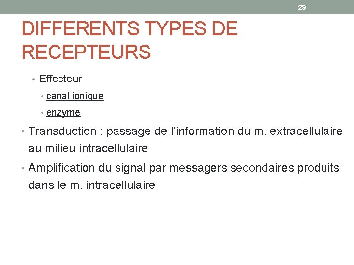 29 DIFFERENTS TYPES DE RECEPTEURS • Effecteur • canal ionique • enzyme • Transduction