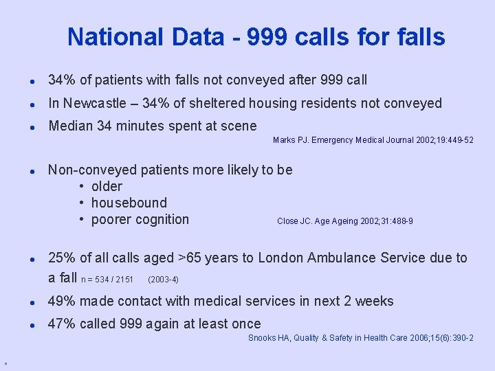 National Data - 999 calls for falls l 34% of patients with falls not