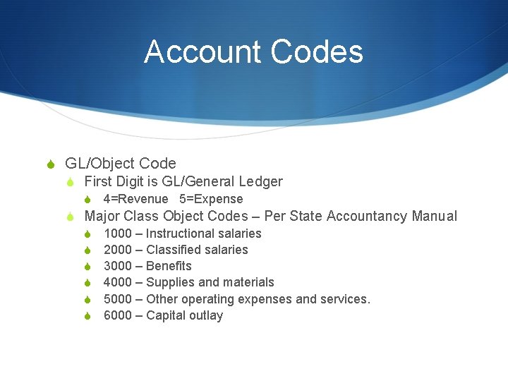 Account Codes S GL/Object Code S First Digit is GL/General Ledger S 4=Revenue 5=Expense