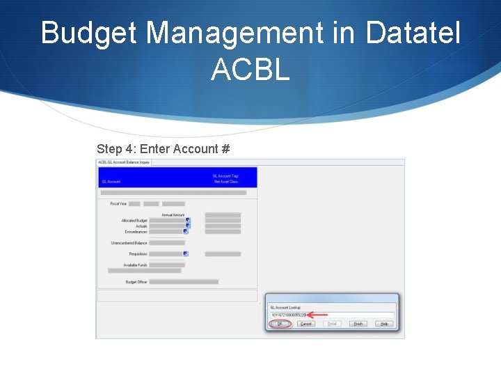 Budget Management in Datatel ACBL Step 4: Enter Account # 