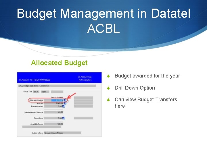 Budget Management in Datatel ACBL Allocated Budget S Budget awarded for the year S