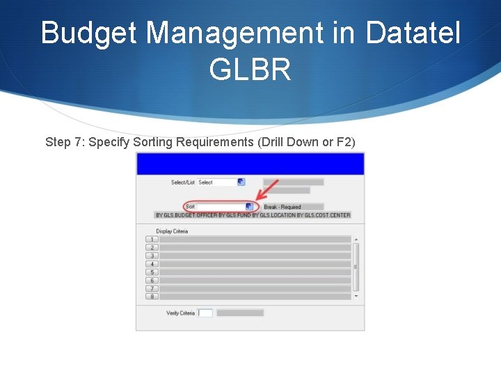 Budget Management in Datatel GLBR Step 7: Specify Sorting Requirements (Drill Down or F