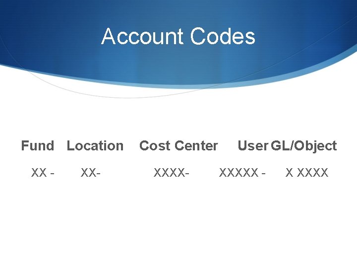 Account Codes Fund Location Cost Center User GL/Object XX - XX- XXXX- XXXXX -