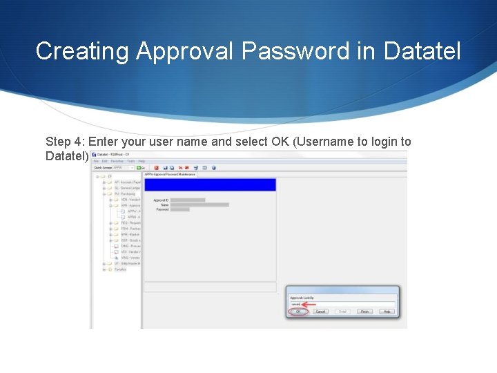 Creating Approval Password in Datatel Step 4: Enter your user name and select OK