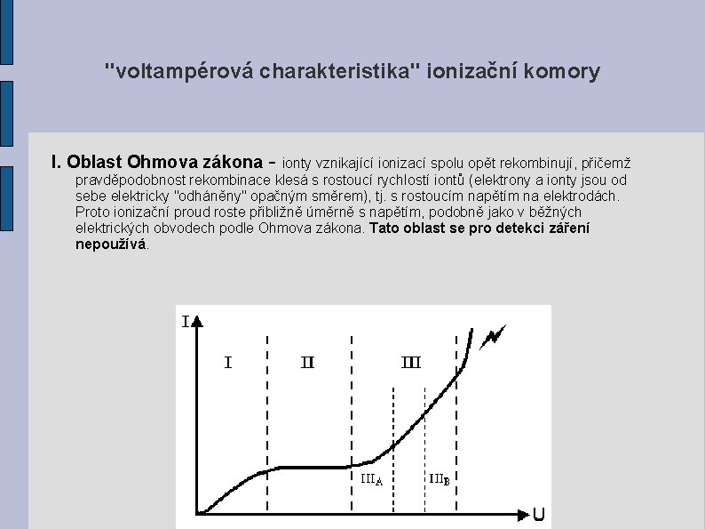 "voltampérová charakteristika" ionizační komory I. Oblast Ohmova zákona - ionty vznikající ionizací spolu opět