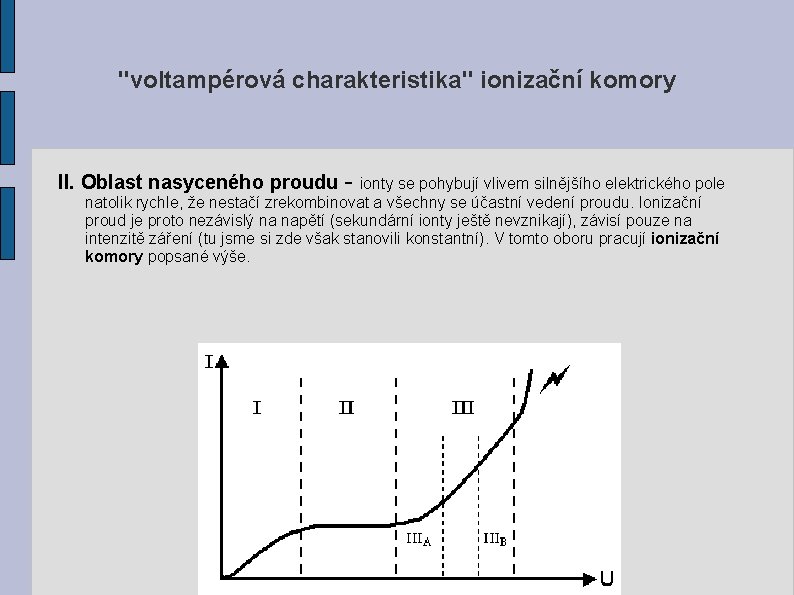 "voltampérová charakteristika" ionizační komory II. Oblast nasyceného proudu - ionty se pohybují vlivem silnějšího