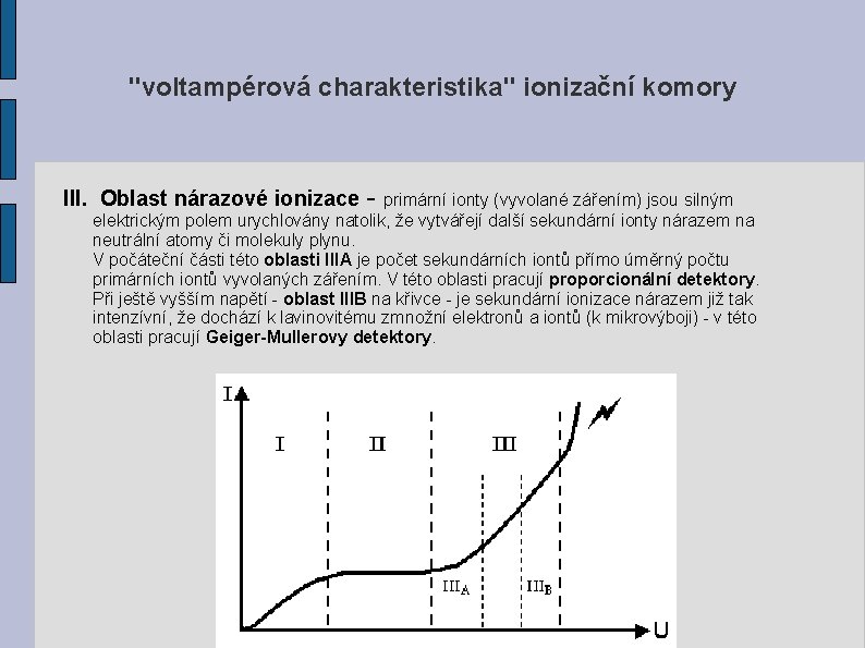 "voltampérová charakteristika" ionizační komory III. Oblast nárazové ionizace - primární ionty (vyvolané zářením) jsou