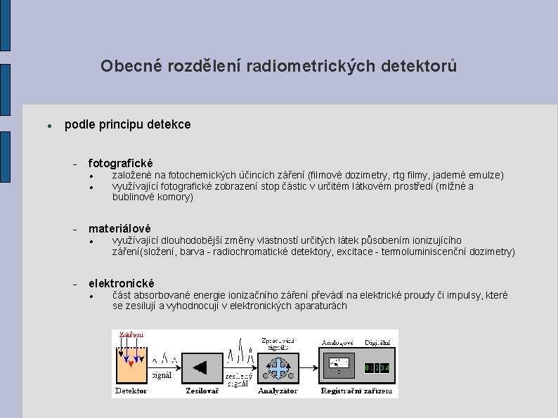 Obecné rozdělení radiometrických detektorů podle principu detekce fotografické materiálové založené na fotochemických účincích záření