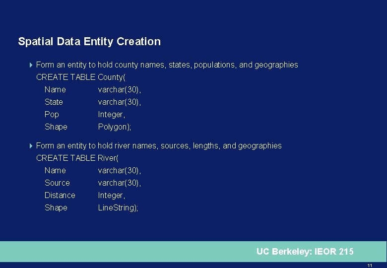 Spatial Data Entity Creation 4 Form an entity to hold county names, states, populations,