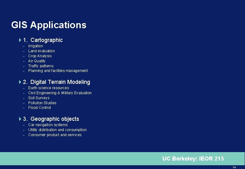 GIS Applications 41. Cartographic – – – Irrigation Land evaluation Crop Analysis Air Quality