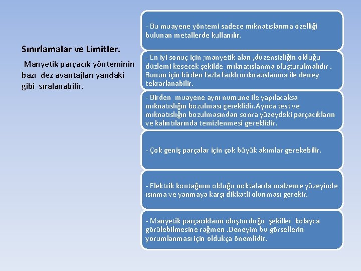 - Bu muayene yöntemi sadece mıknatıslanma özelliği bulunan metallerde kullanılır. Sınırlamalar ve Limitler. Manyetik