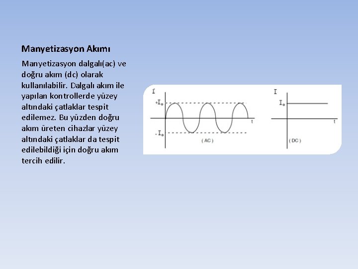 Manyetizasyon Akımı Manyetizasyon dalgalı(ac) ve doğru akım (dc) olarak kullanılabilir. Dalgalı akım ile yapılan