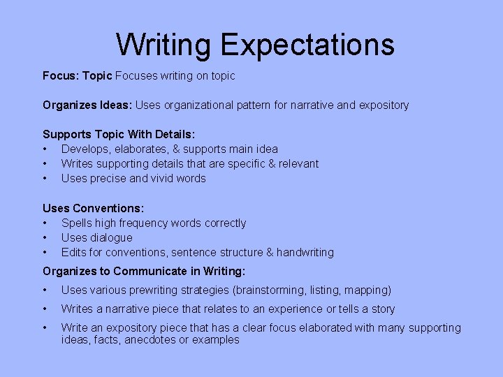 Writing Expectations Focus: Topic Focuses writing on topic Organizes Ideas: Uses organizational pattern for