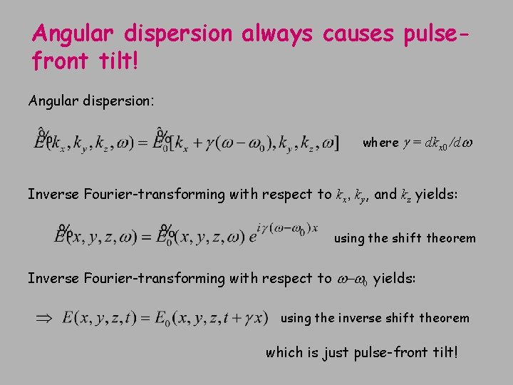 Angular dispersion always causes pulsefront tilt! Angular dispersion: where g = dkx 0 /dw