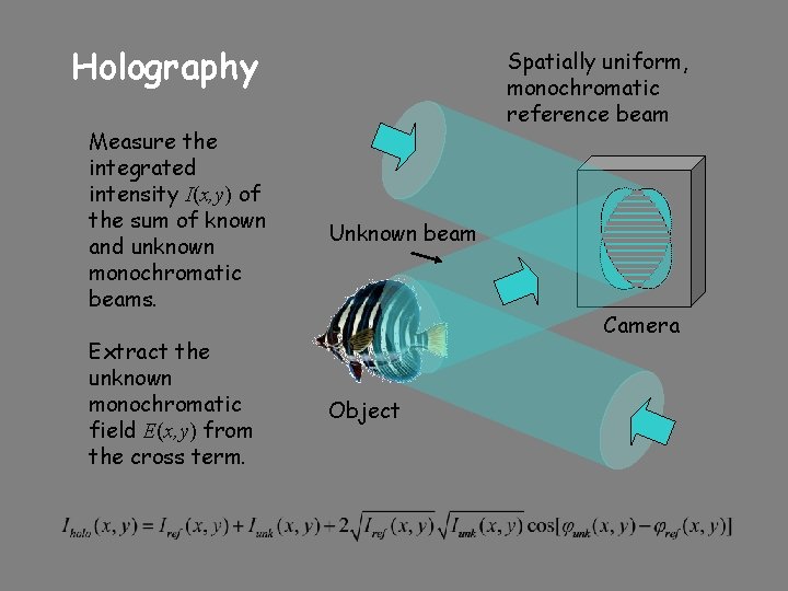 Holography Measure the integrated intensity I(x, y) of the sum of known and unknown