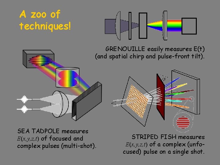 A zoo of techniques! GRENOUILLE easily measures E(t) (and spatial chirp and pulse-front tilt).