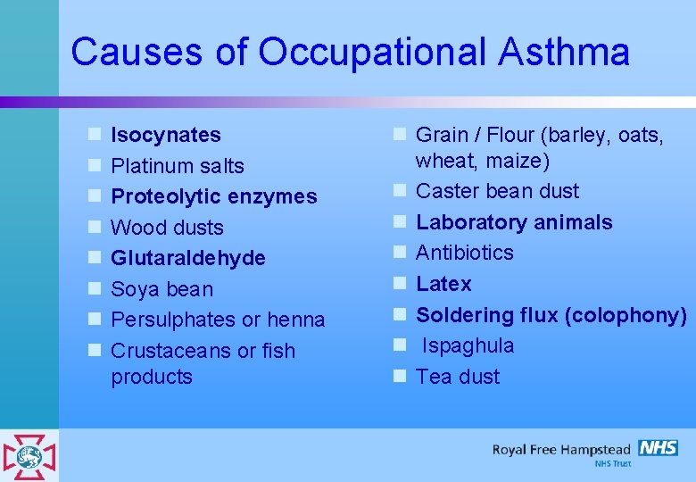 Causes of Occupational Asthma n n n n Isocynates Platinum salts Proteolytic enzymes Wood