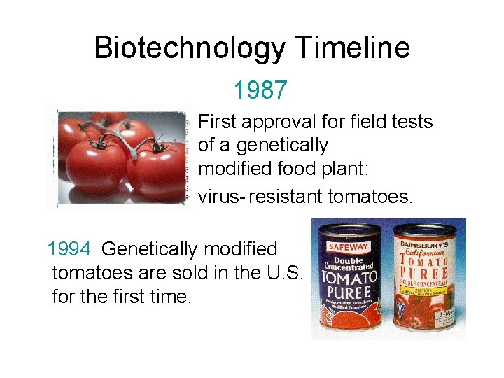 Biotechnology Timeline 1987 First approval for field tests of a genetically modified food plant: