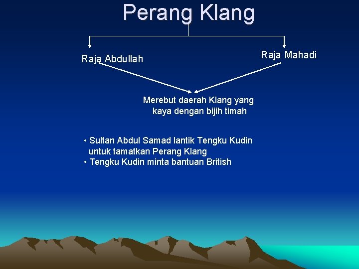 Perang Klang Raja Abdullah Merebut daerah Klang yang kaya dengan bijih timah • Sultan