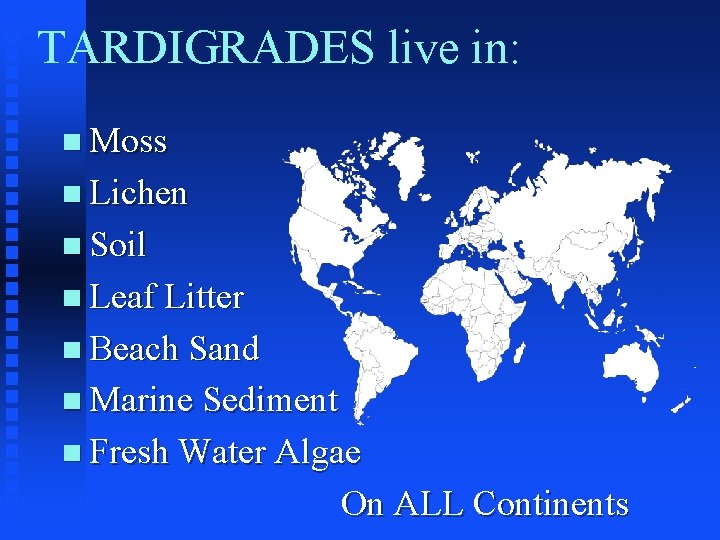 TARDIGRADES live in: n Moss n Lichen n Soil n Leaf Litter n Beach