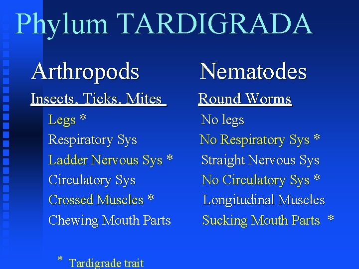 Phylum TARDIGRADA Arthropods Nematodes Insects, Ticks, Mites Round Worms Legs * Respiratory Sys Ladder