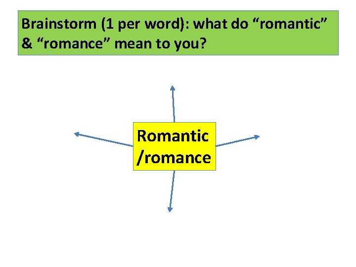 Brainstorm (1 per word): what do “romantic” & “romance” mean to you? Romantic /romance