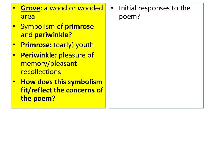  • Grove: a wood or wooded • Initial responses to the area poem?