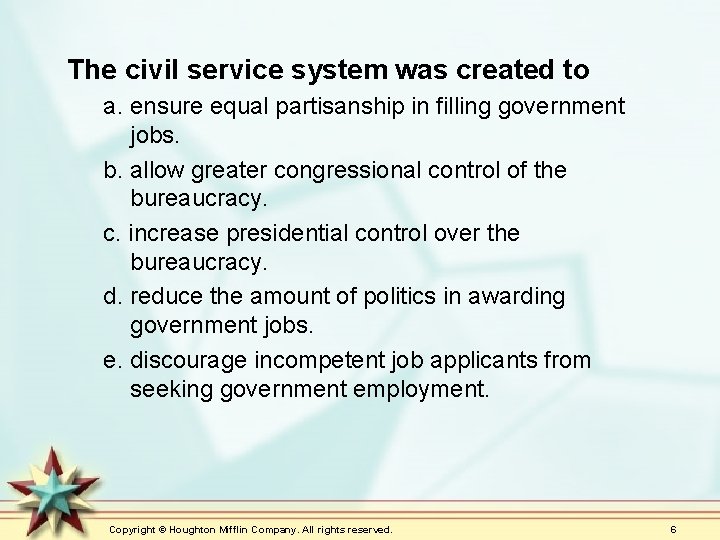The civil service system was created to a. ensure equal partisanship in filling government