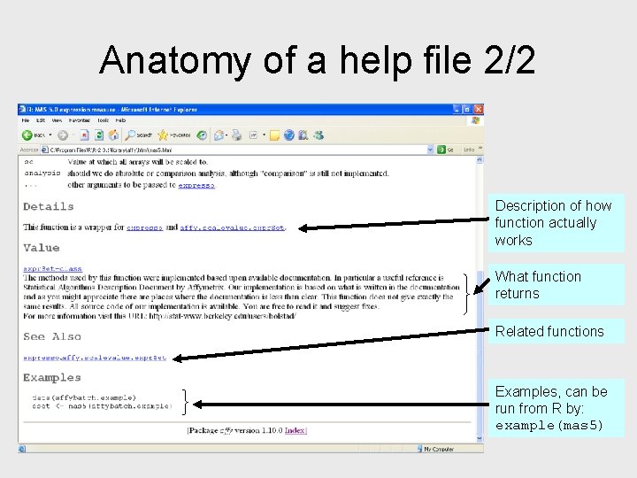 Anatomy of a help file 2/2 Description of how function actually works What function