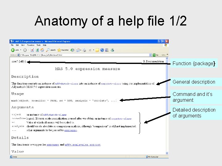 Anatomy of a help file 1/2 Function {package} General description Command it’s argument Detailed