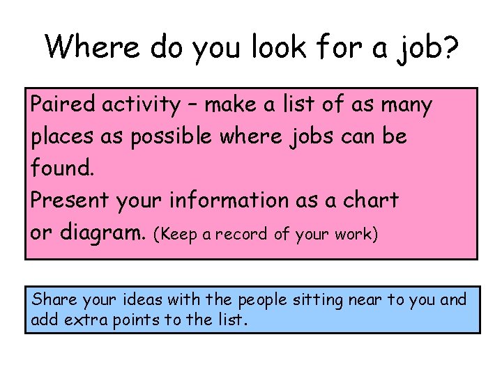 Where do you look for a job? Paired activity – make a list of