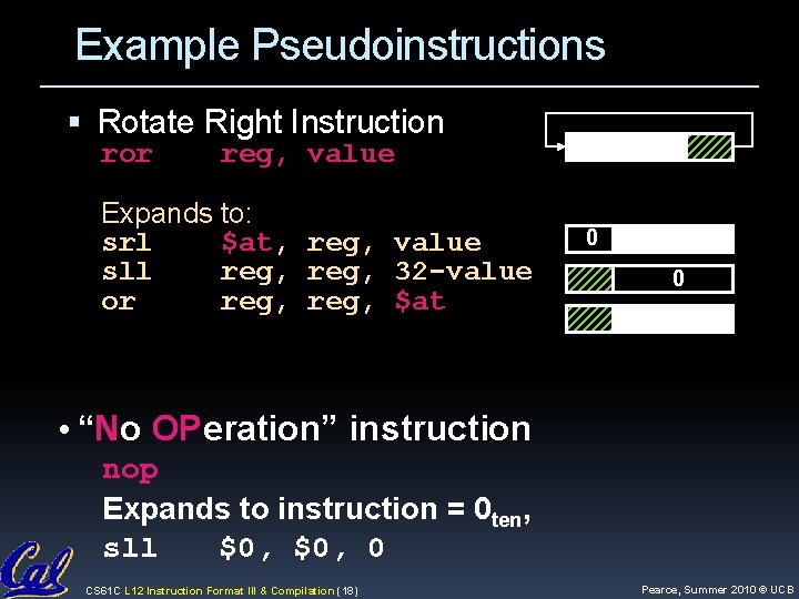 Example Pseudoinstructions Rotate Right Instruction ror reg, value Expands to: srl $at, reg, value