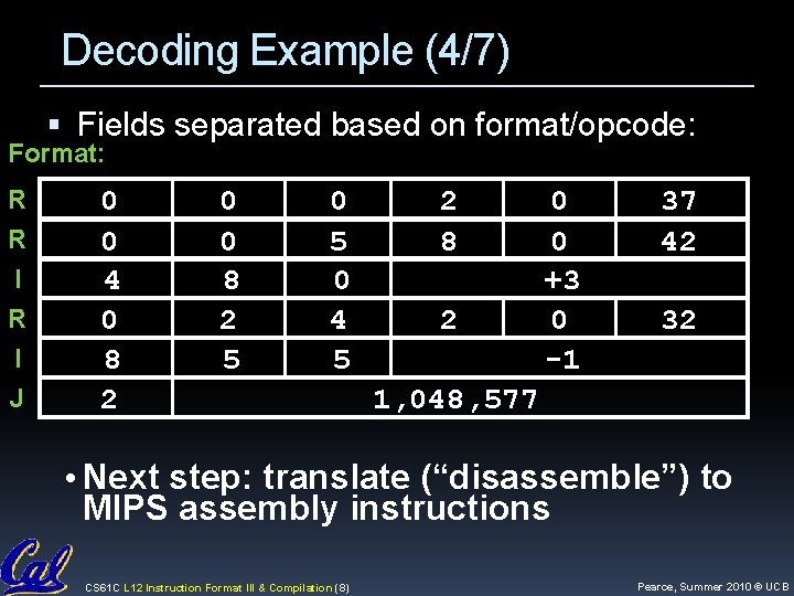 Decoding Example (4/7) Fields separated based on format/opcode: Format: R R I J 0