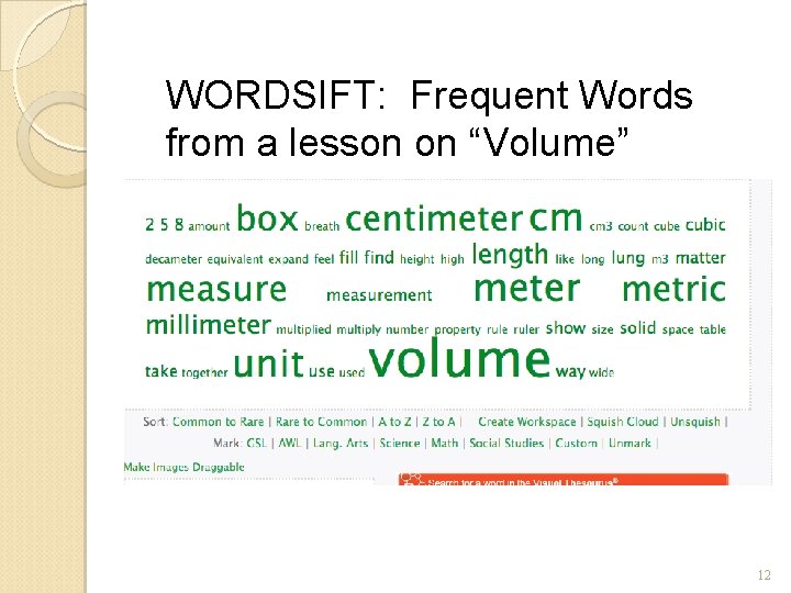 WORDSIFT: Frequent Words from a lesson on “Volume” 12 WORDSIFT: Frequent Words from a lesson on “Volume” 12