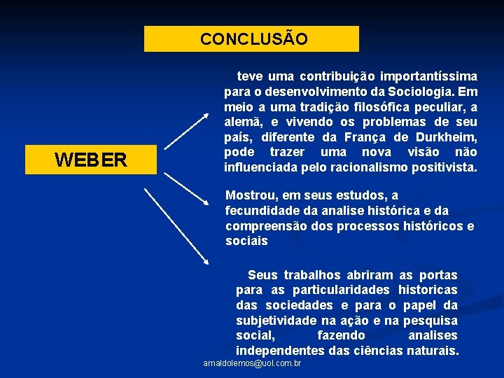 CONCLUSÃO WEBER teve uma contribuição importantíssima para o desenvolvimento da Sociologia. Em meio a