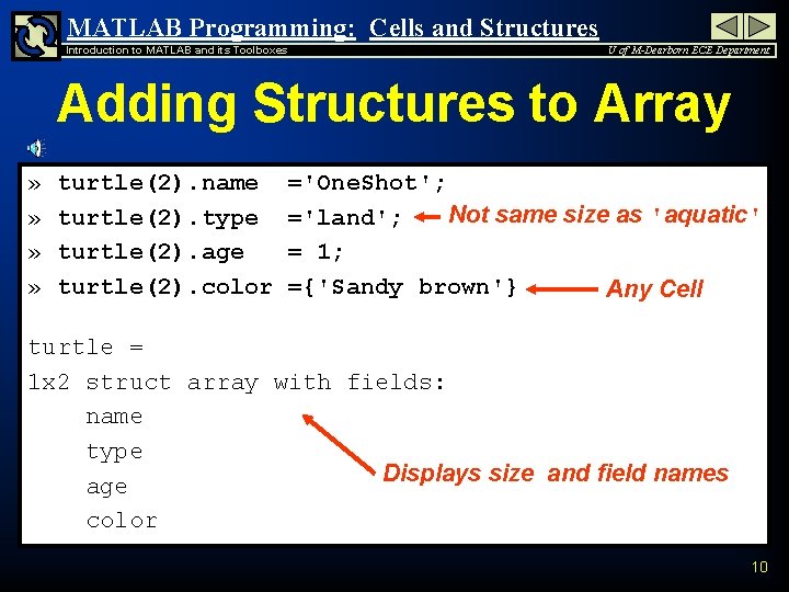 MATLAB Programming: Cells and Structures Introduction to MATLAB and its Toolboxes U of M-Dearborn